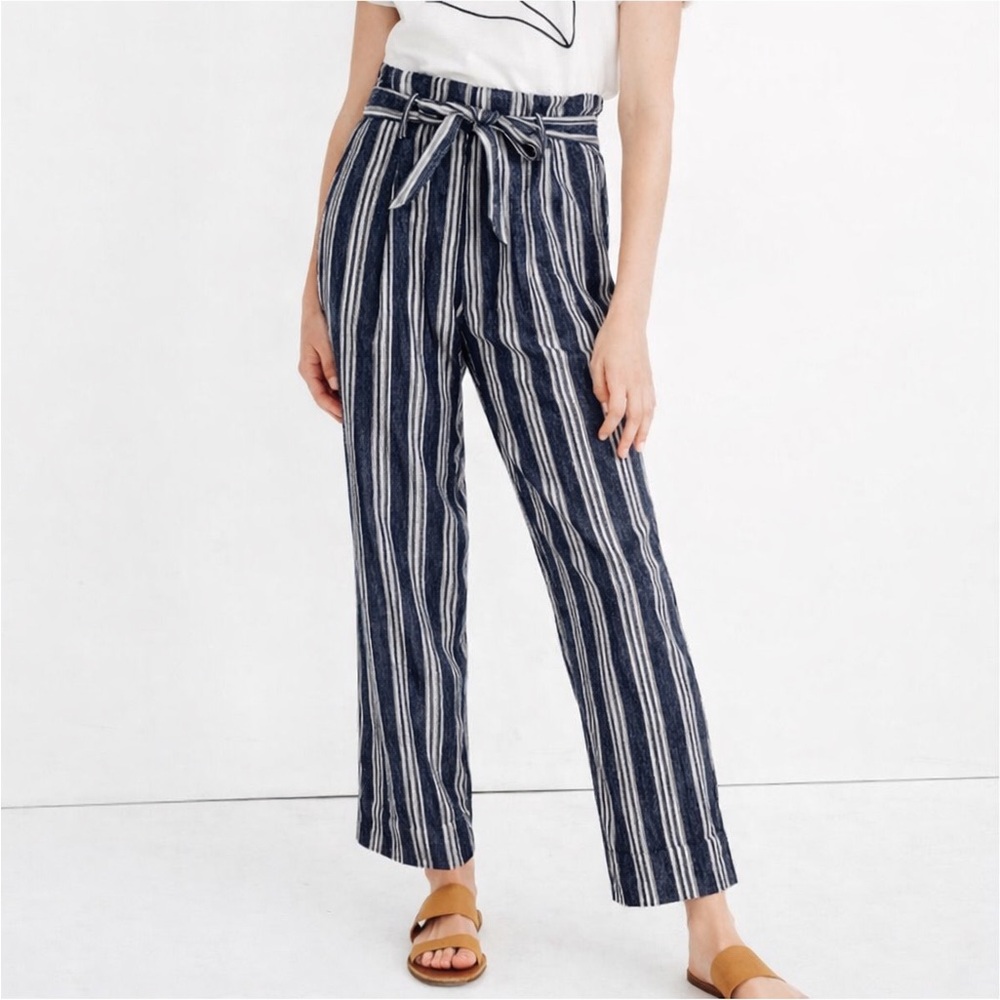 MADEWELL Blue & White Stripe Linen Paperbag Ankle Pants Coastal Vacation Sz: 0 - Picture 4 of 16